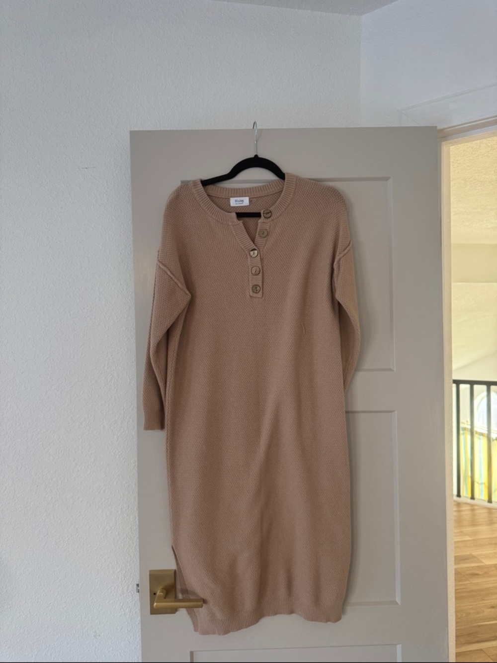 Knit Button-Front Long Sleeve Dress in Beige SIZE S